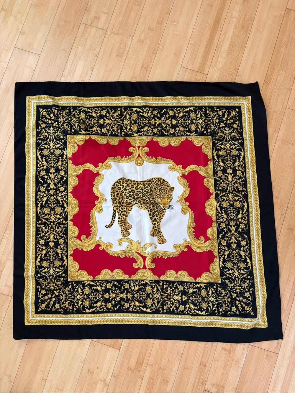 Leopard 🐆 Vintage Silk Scarf in Black, Red & Gold